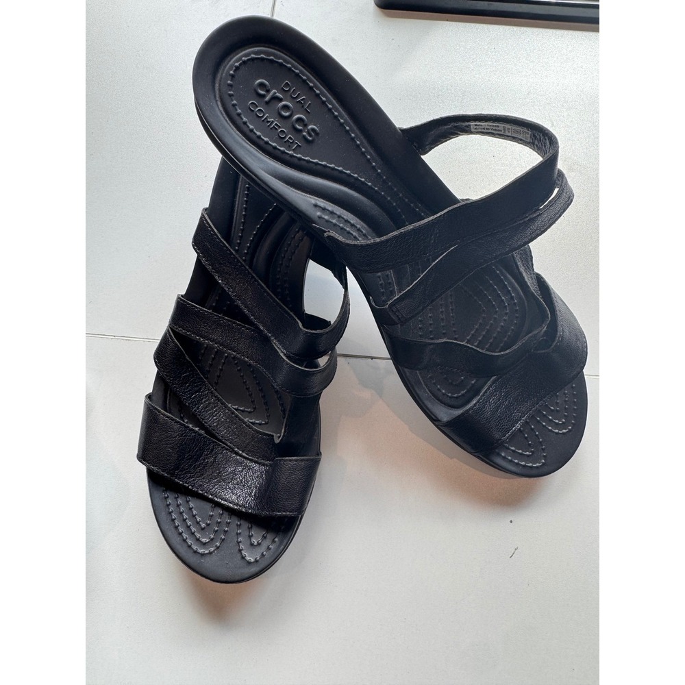 Crocs Black Strappy‎ Wedge Sandals Womens Size 10 Dual Comfort